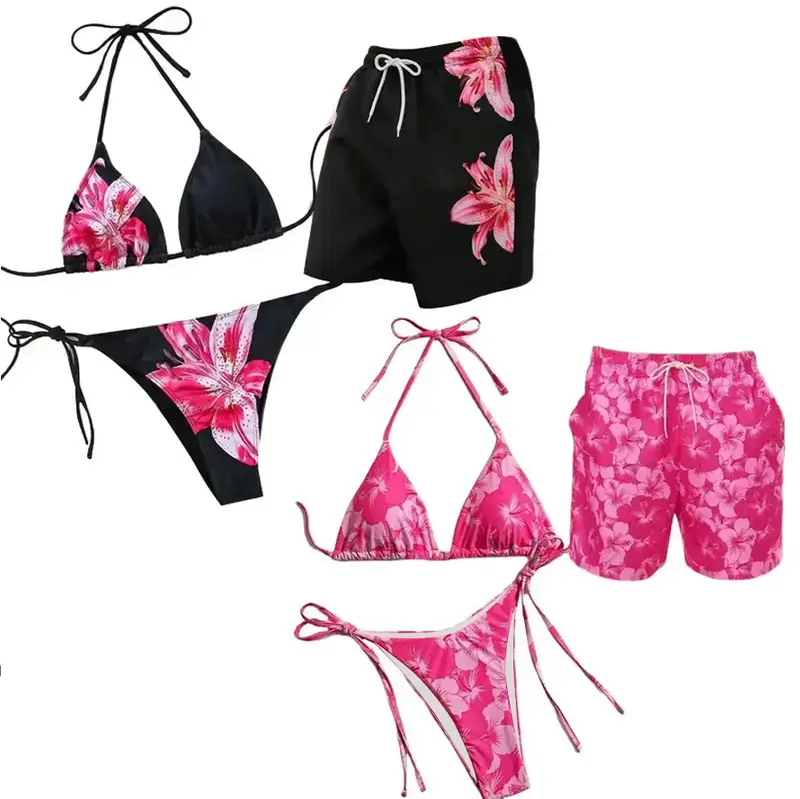 Matching Bottomland Camo Couple Swimwear Set – His & Hers Camo Bikini & Beach Shorts, Outdoor Summer Swimsuit Gift