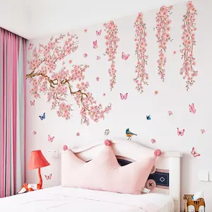 A set of three pink floral spring vine wall stickers for bedroom and living room background walls, home decoration stickers, Decorative Wall Sticker, Wall Decal, self-adhesive M16084-YJ, Floral Pattern Sticker