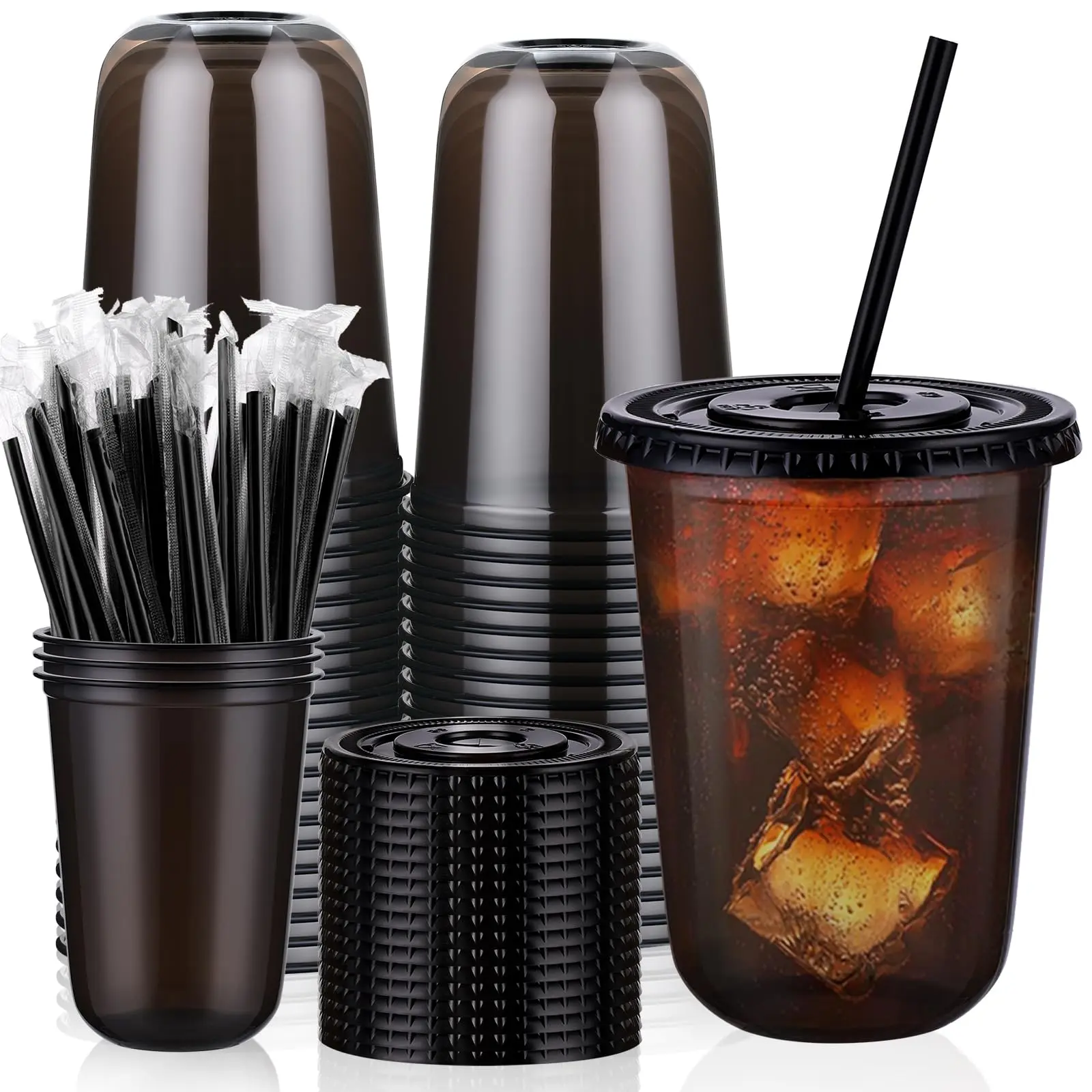 50-Set 16oz Black Disposable Plastic To-Go Cups with Lids & Straws, Round Bottom Iced Coffee Cups for Cold Drinks, Bar & Party Home Supplies