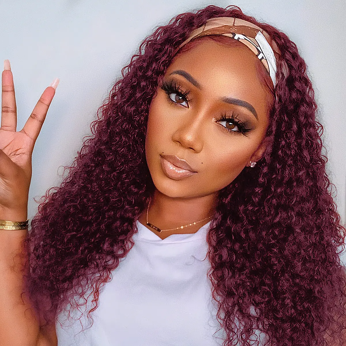 Red Burgundy Headband Wig Human Hair 99j Curly Headband wigs for Women Glueless None Lace Front Wig Curly Half Wig Human Hair With Headbands Machine Made Head band Wig dealsforyoudays