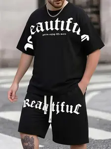 Men's street style letter print T-shirt and shorts set with letter print patterns, matching drawstring waist shorts, suitable for daily casual wear, urban fashion style, summer outings, and hip-hop streetwear enthusiasts.  Menswear men 2 piece sets