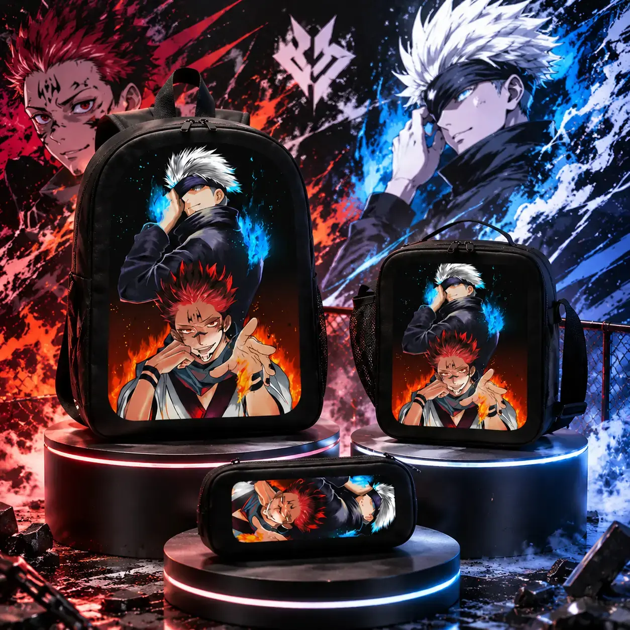 Jujutsu Kaisen Gojo Satoru Anime Backpack Set, 3-Piece Polyester School Daypack for Teens, Lightweight Multi-Compartment Bag with Lunch Bag & Pencil Case, School Backpacks Custom Bag