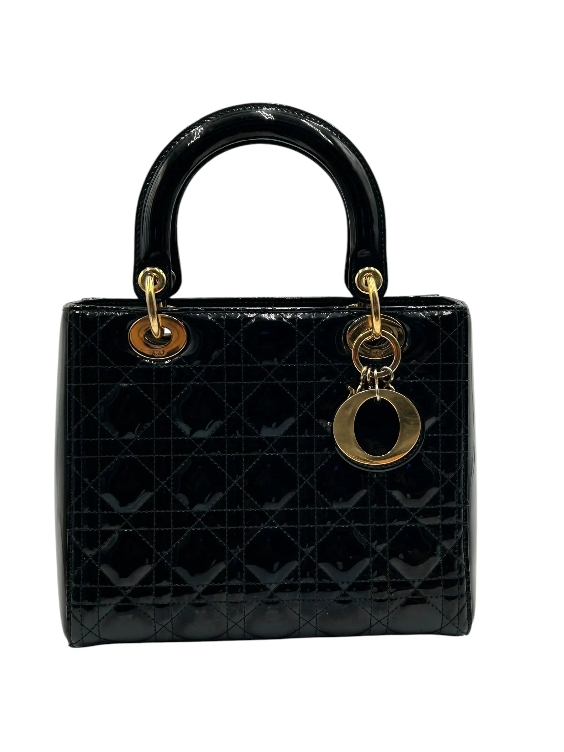 Pre-owned Dior Patent Leather Crossbody Bags LADY MEDIUM BLACK WITH GOLD HARDWARE HANDBAG