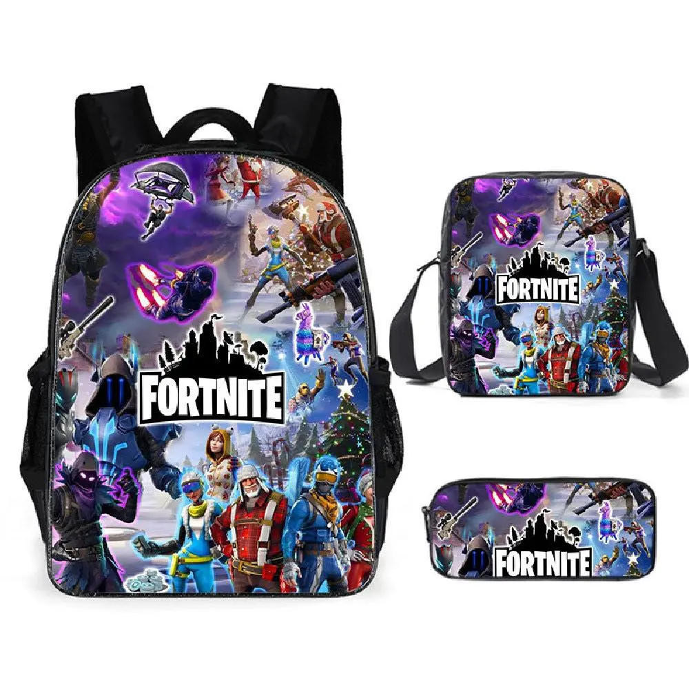 3 In 1 Fortnite Christmas All Skin Collage Backpack Set, Boys Purple Winter Game Oxford Backpack Crossbody Bag Pencil Pouch Kit