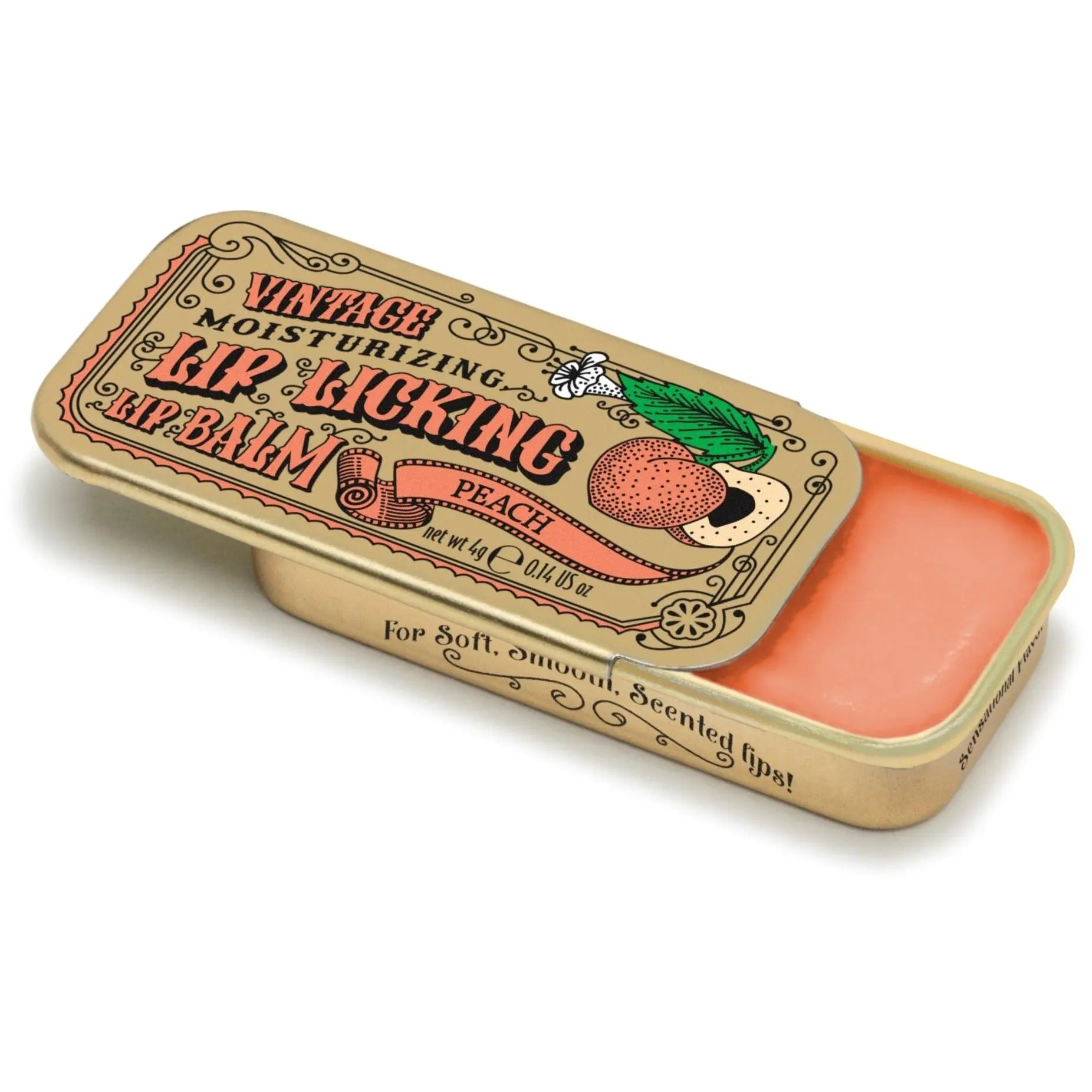 Tinte Cosmetics Sweet Peach Moisturizing Lip Tint - Flavored Balm with Organic Shea Butter, Cruelty-Free, Vintage Slider Tin, 0.23 oz, Silky, Smooth, Lip Care Routine, Tinted Lip Balm