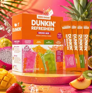 Dunkin’ Refreshers Singles To Go! Zero Sugar Powdered Drink Mix, 30 Ct Variety Pack, Energy from Green Tea, Aspartame-Free, No Synthetic Colors, 30 Single-Serve Packets, Just Add Water