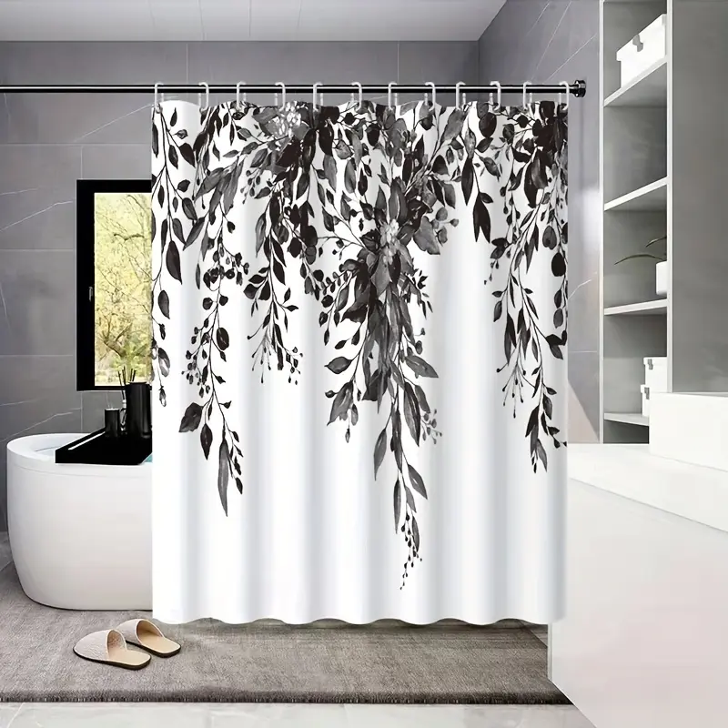 1pc Black Leaf Pattern Polyester Shower Curtain, High-Definition Digital Print, Machine Washable, with Eyelets for Bathroom Privacy Screen and Home Decor, All-Season Woven Fabric, Bathroom Decor And Accessories