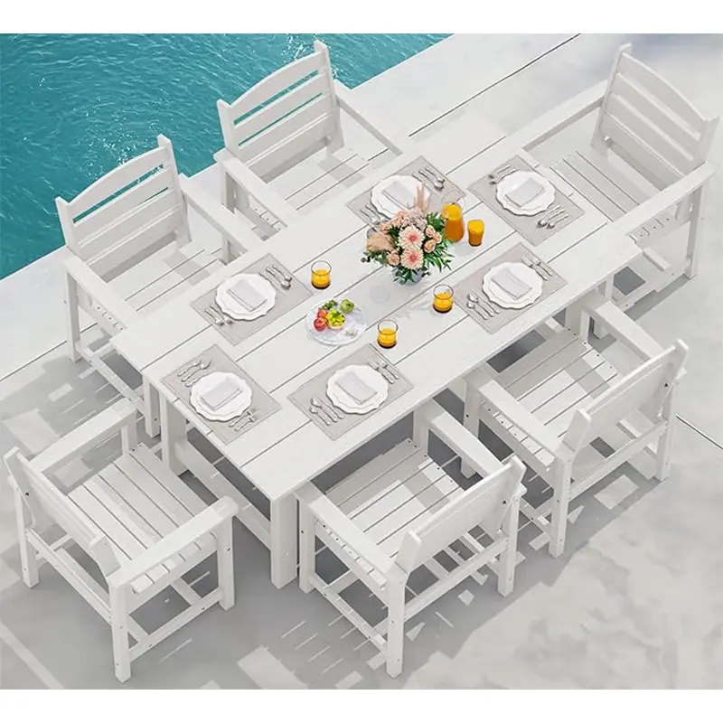 SERWALL 7-Piece Patio Dining Table Sets, Outdoor HDPE Dining Furniture Set with Umbrella Hole Cut-Out Table and 6 Chairs