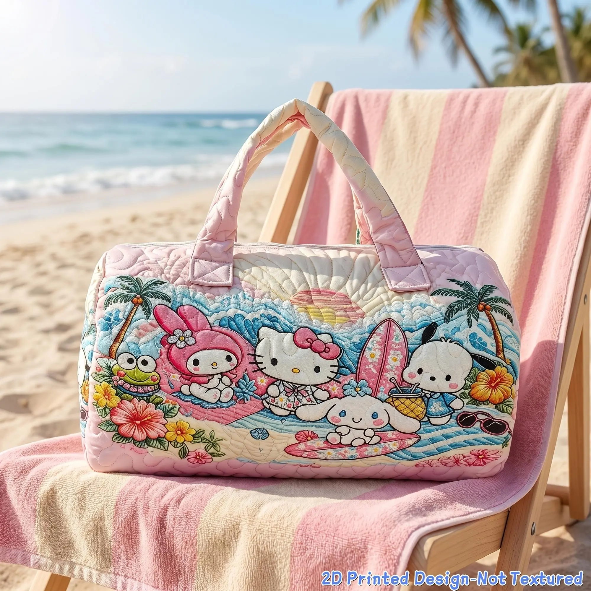 1pc Sanrio  Kitty Cinnamoroll Surfing Beach Quilted Duffel Bag, Energetic Style Women's Travel Tote, Halloween Thanksgiving Christmas Gift