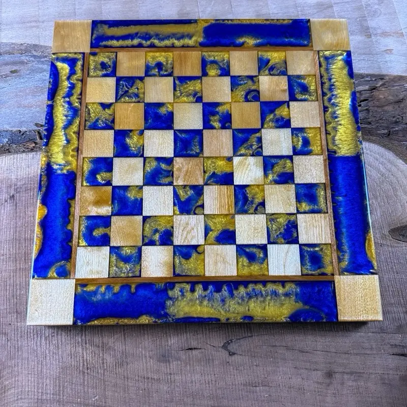 Deep Golden Blue Maple Wood Chess Board (INCLUDES SET OF PIECES) Deep Golden Blue Maple Wood Chess Board (INCLUDES SET OF PIECES)
