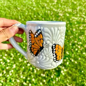 Talavera Original Gray & White  Butterfly Mug 15oz  Reusable Washable Pieces Handcrafted Ceramic Drinkware Made in Mexico kitchen home decor birthday gift for her Coffee Cup Handmade Mom Mexican decor