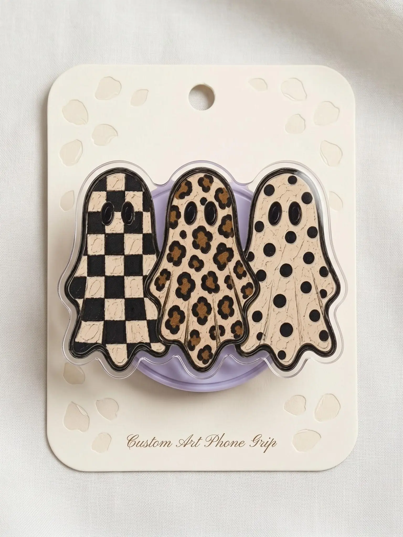 Cute Ghost Phone Grip, Halloween Magnetic Phone Stand, Checkered Leopard Polka Dot Ghosts, Kawaii Spooky Acrylic Kindle Grip, Fall Gift