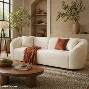 87 in Curved Contemporary Beige Sofa - Plush Seating, Streamlined Design, Durable Frame, Rounded Arms - Stylish Indoor Living Room Furniture for Sofas Living Room