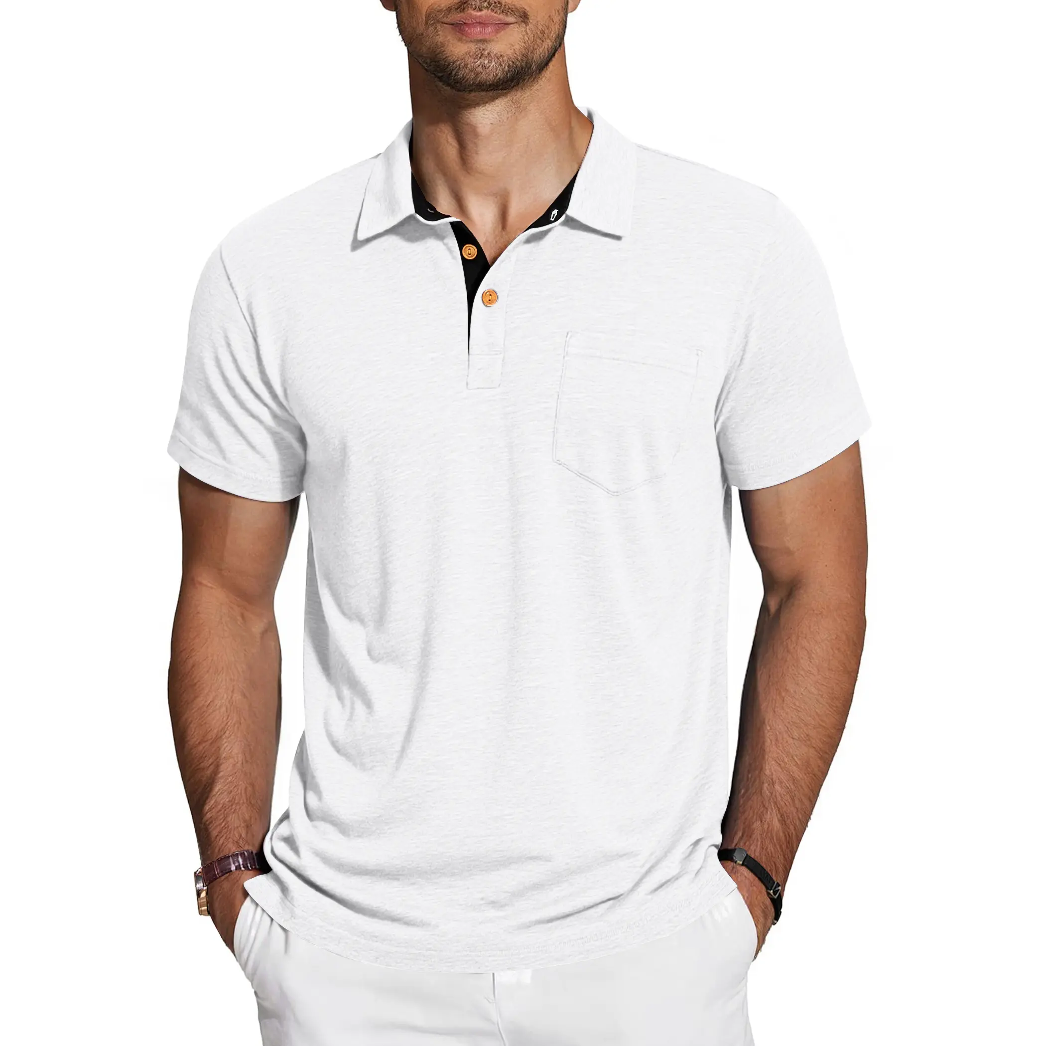AUSELILY Menswear Men's Top Classic Cotton Blend Short-Sleeve Polo Henley Shirt, Stretch Lightweight Button-Up, Color Block Collar, Casual Tee with Pocket (Plain Style), Shortsleeve