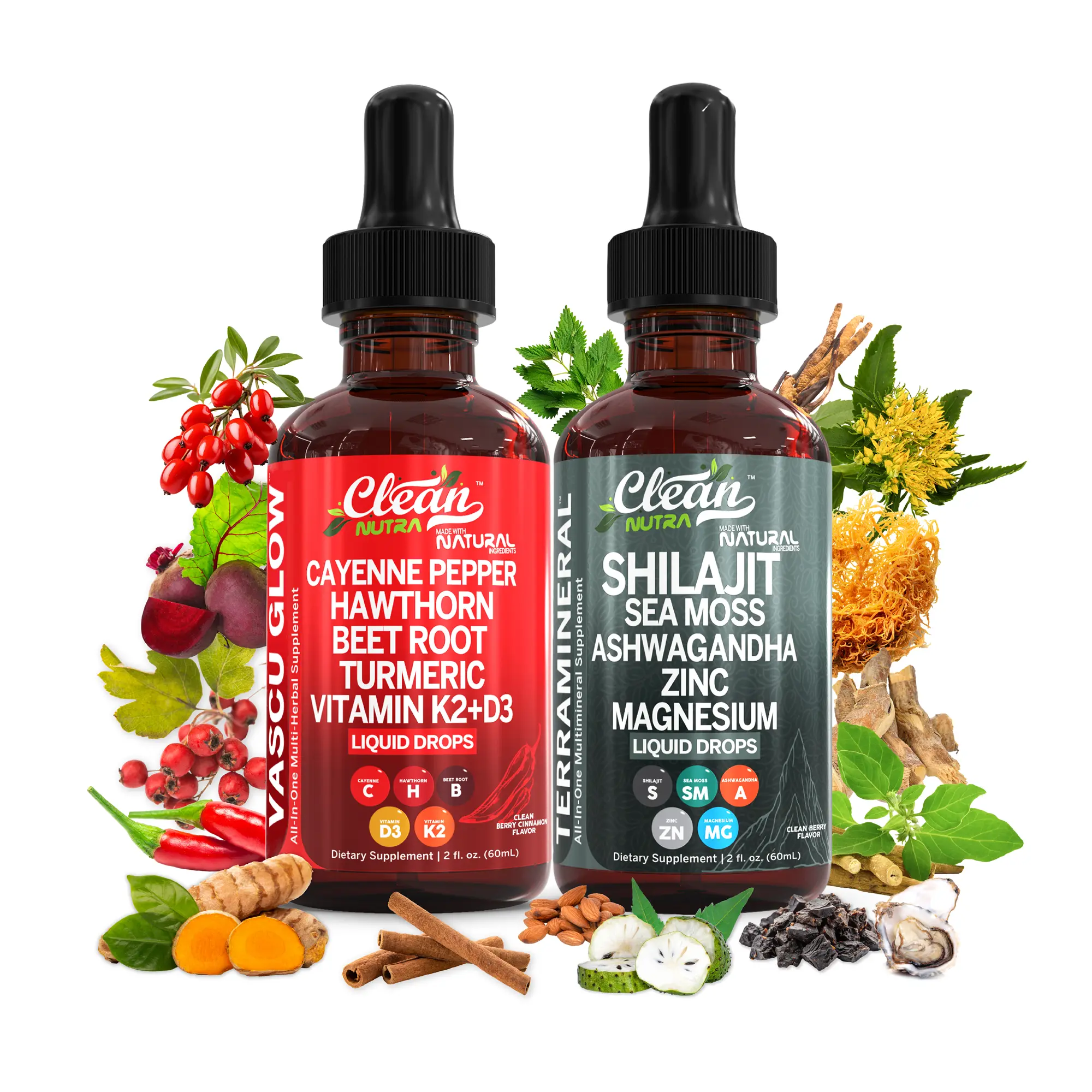 Clean Nutra Flow & Restore Duo | Circulation Hydration & Mineral Balance for Heart Function Supports & Energy Production Liquid Drops [Vascu Glow + TerraMineral]