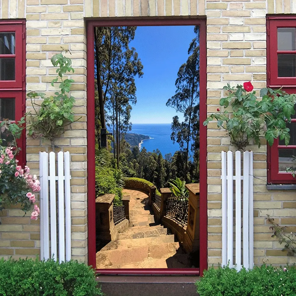 2pcs Mediterranean Coastal Landscape Wall Sticker Self Adhesive Waterproof Removable Nature Scenery Mural with Trees Stairs and Sea View for Living Room Entrance Corridor Home Decor