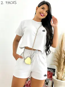 Women's Short Sleeve Shorts Two-Piece Set, Womenswear, Casual Fit, High Waist Design, Adjustable Drawstring, Side Pockets, Matching Letter Print