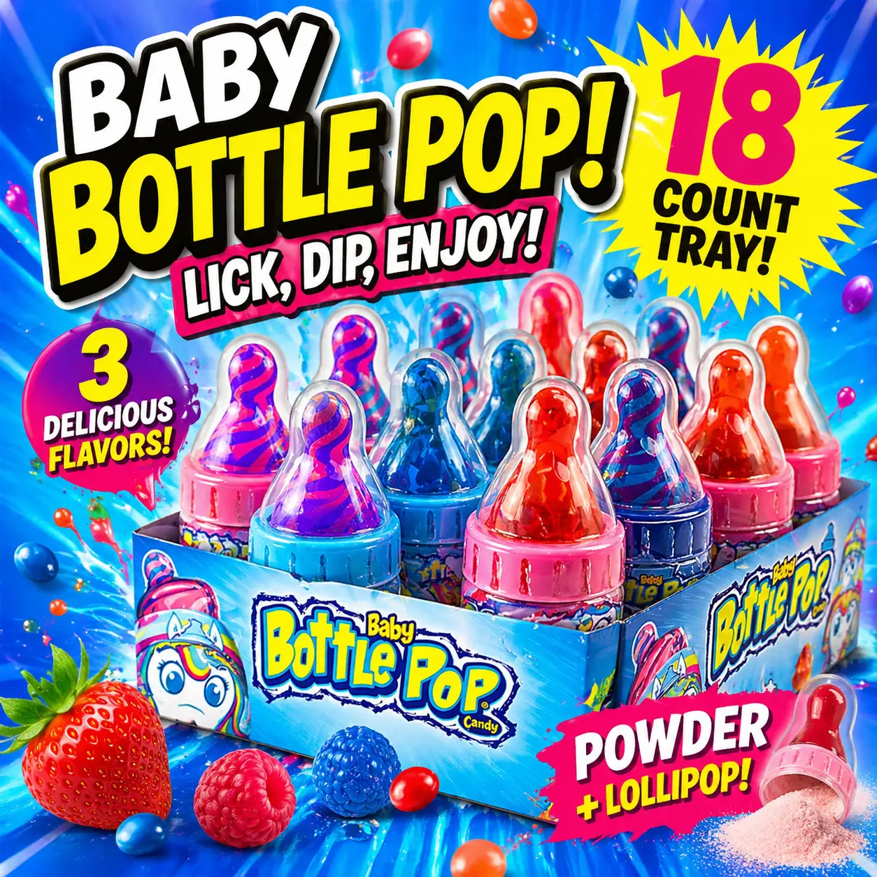 Topps Baby Bottle Pop Candy 18 Count Tray  Assorted Fruit Flavor Powder Candy | Fun Dip & Lollipop Treat for Parties & Sharing