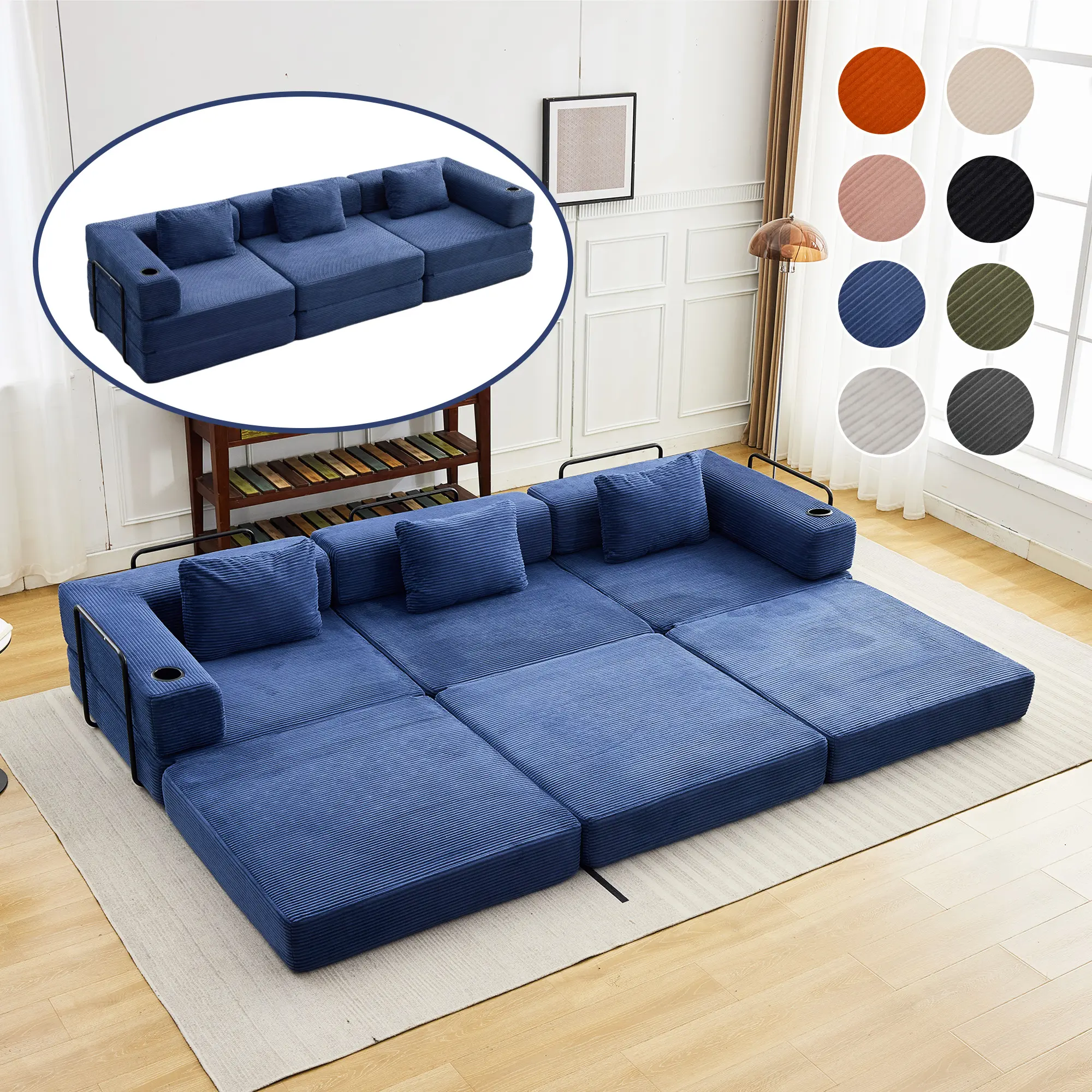 Modular Corduroy Sofa Bed with 3 seaters, Convertible Boneless Sleeper couches with Pillow, Folding mattress couch with Fixed-shape frame. Floor sofa lounge couch for living room bedroom lounge studio—2 package shipping