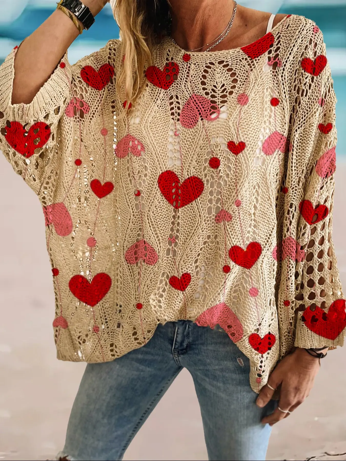 Women's Gradient Heart Print Long Sleeve Knit Top, Casual Elegant Vacation Style Sweater, Loose Batwing Shoulders, Spring Summer Fall