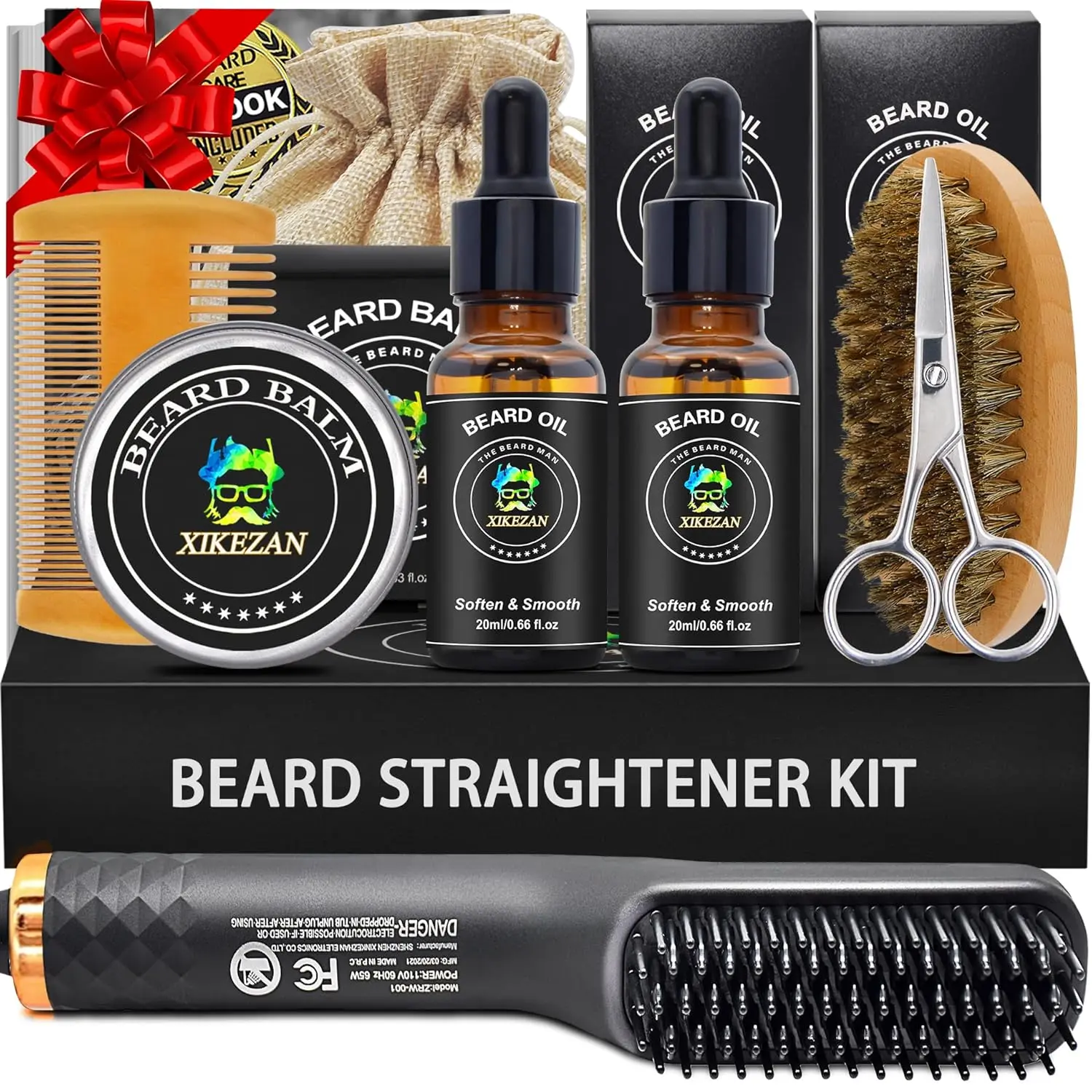 Beard Grooming Kit with Straightener, 2 Pack Oils, Balm, Comb, Scissors, and Brush - Ideal Gifts for Father's Day, Birthdays, Valentine's Day, and Christmas Stocking Stuffers.