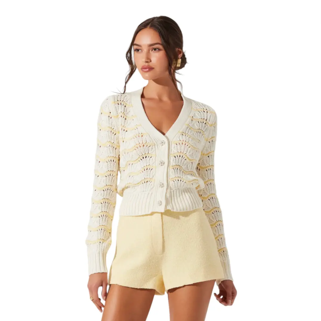 ASTR - Janira Wavy Stripe Pointelle Cardigan - Cream / Yellow