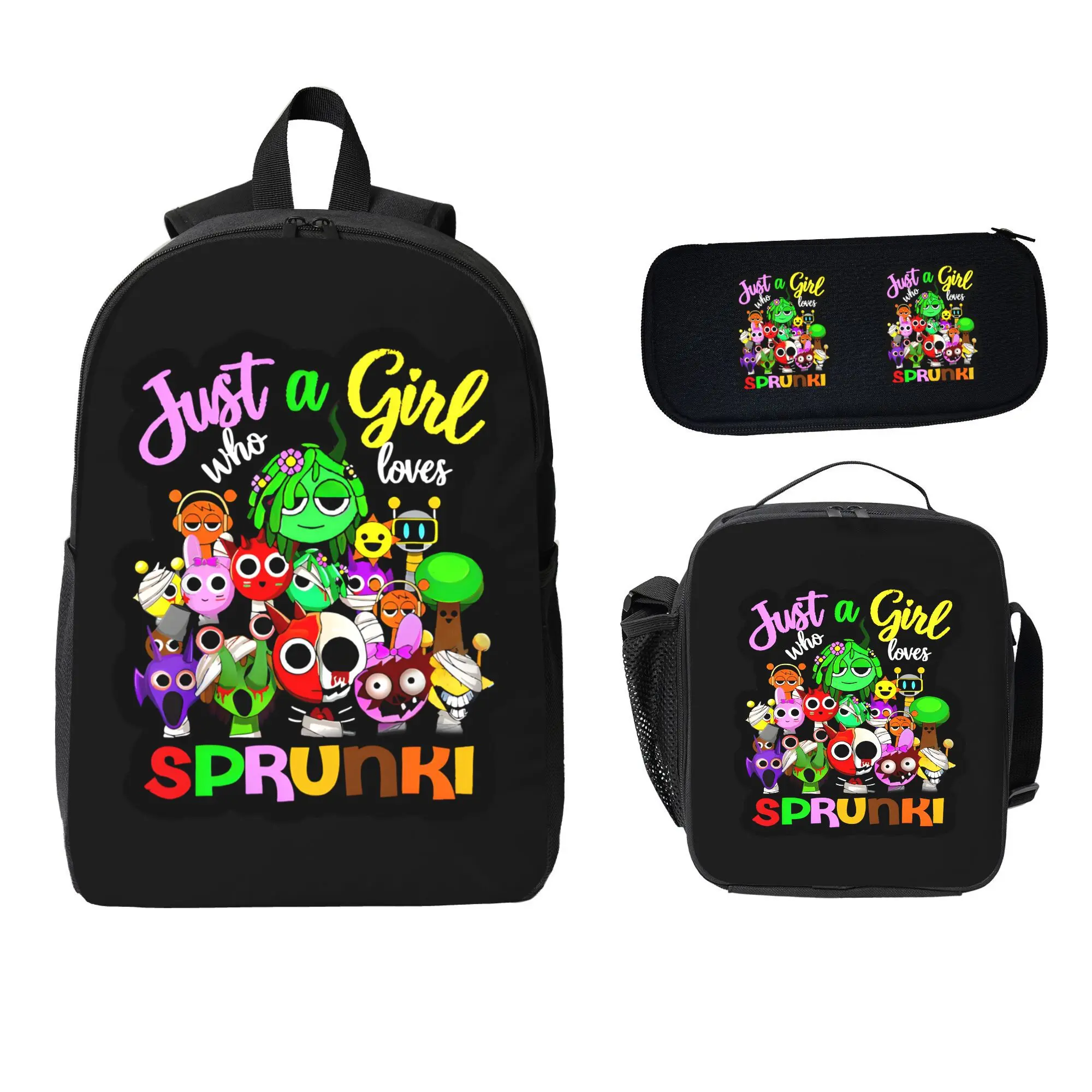 Sprunki Cartoon Character All-Over Print Adjustable Custom Backpack Set - Simple Athletic Student Backpack with Laptop Bag, Cute Lunch Bag, Adjustable Backpack