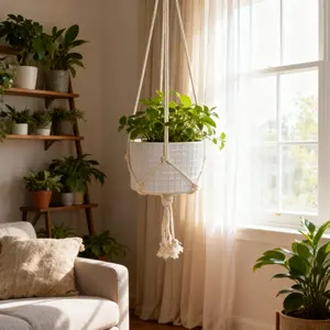 6" Gladiator Ceramic Hanging Planter with Macrame Matte White Indoor Decor 5.5 x 5.5 x 3.25 Inches 31.75 oz Capacity