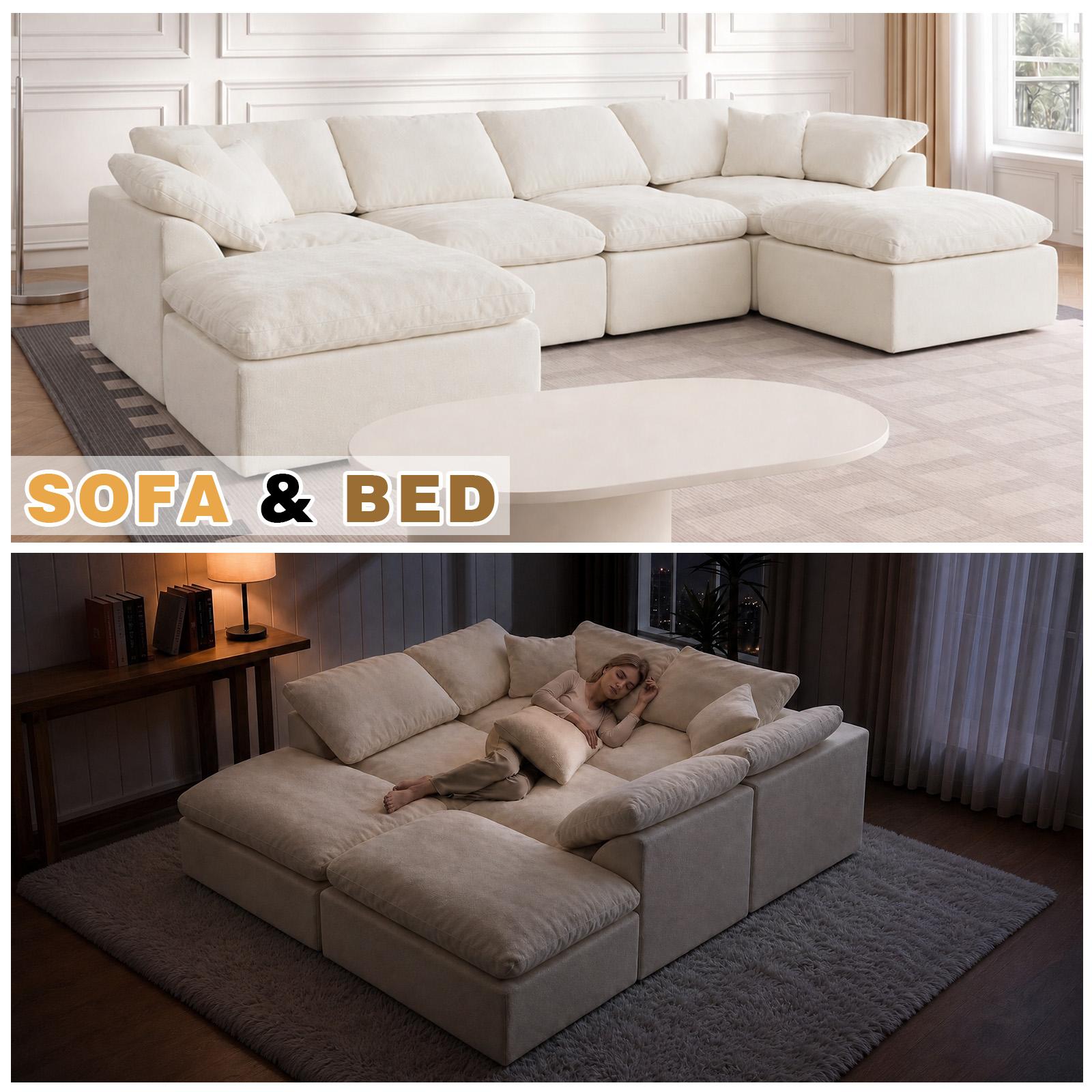 Cream White Cloud Modular Tofu Block Sectional Sofa, Free Reconfigurable Floor Couch for Playing Relaxing Movie Night Sleeping, Oversized U-Shaped Convertible Sleeper Sofa for Living Room Apartment