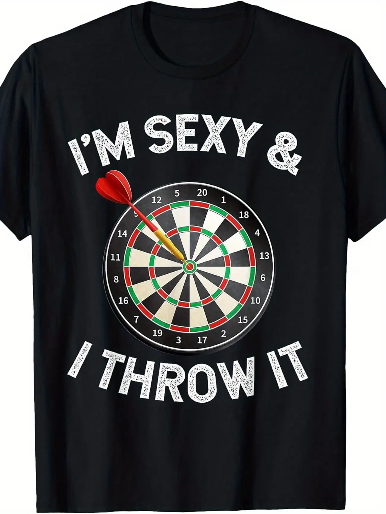 Playful Darts Humor T-Shirt – Black Short-Sleeve Crew Neck Casual Style, Perfect for Game Night, Fun Graphic Tee | I'm Sexy and I Throw It | Comfy and Relaxed Fit