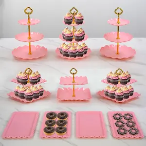 Pack of 10  Cake Stand Set with 3X Two-Tier and 3X Three-Tier Cupcake Stands, 4 x Appetizer Trays  for Birthday  Bridal Shower Party (Pink)