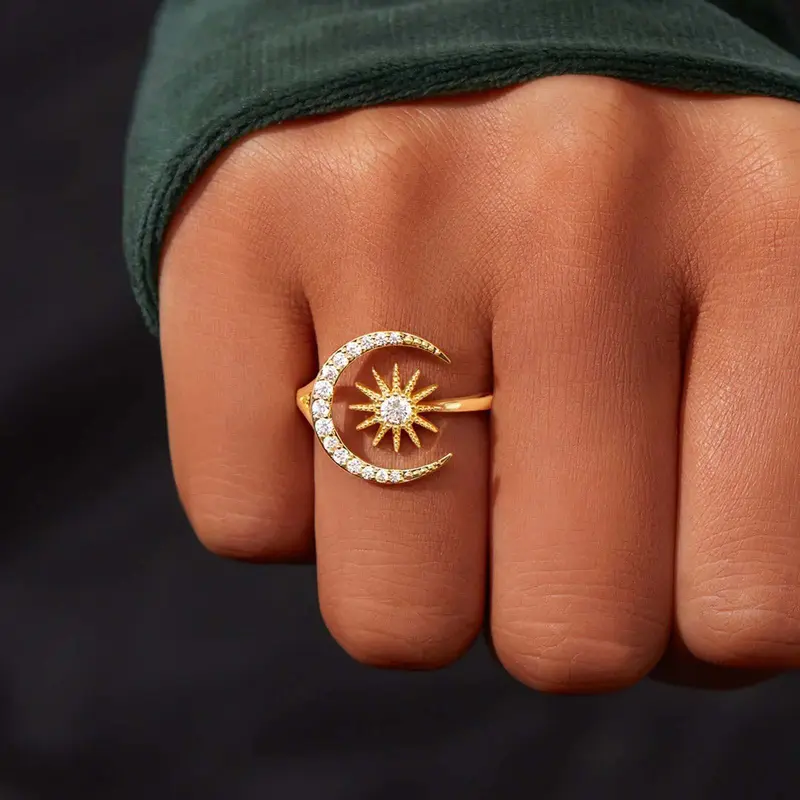 Sun-Moon Symbolism Celestial Motif Ring, Adjustable Size Sparkling Zirconia Index Finger Band, Stylish Adult Jewelry Accessory, Rings