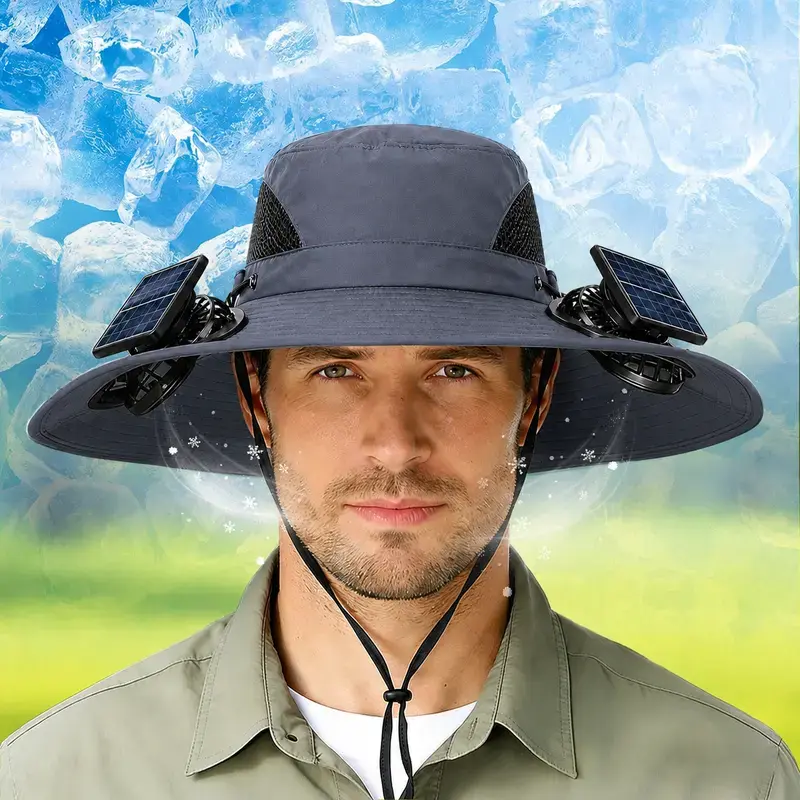 Solar Fan Outdoor Hat with 2 Fans - Wide Brim Sun-Powered Sports & Outdoor Bucket Hat, Quick-Drying, Rechargeable, Adjustable Headband, Cool Breathable, High Airflow, Long Battery Life, for Fishing, Hat With Fan