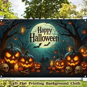1pc 2D Flat Halloween Gothic Horror Polyester Backdrop Banner - Moonlit Jack - O' - Lanterns & Haunted Forest Scene with Bats, Skeletons, and Witch - Perfect for Costume Parties, Photo Shoots, and Halloween