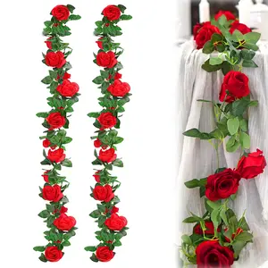 2 Pack (16FT) Artificial Rose Vine Flowers Plants Fake Flower Vine for Wedding Home Garden Craft Art Decor Valentine's Day Mother's Day Party Decoration Red
