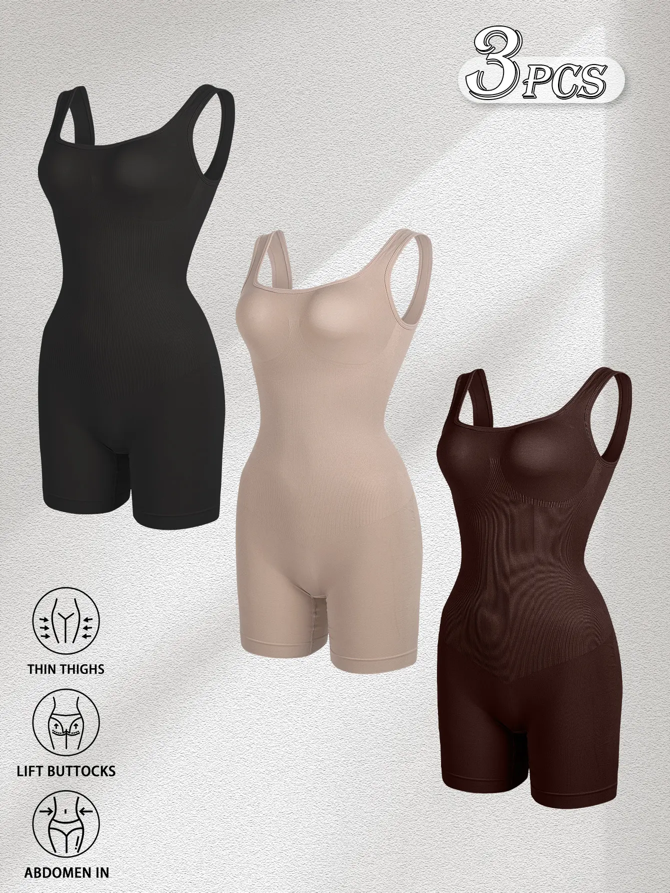 Women's Shapewear Bodysuit 3 Pack, Seamless Square Neck Compression Shaper with Tummy Control for a Smooth Style Under Formal Wear & Party Clothes, Jeans