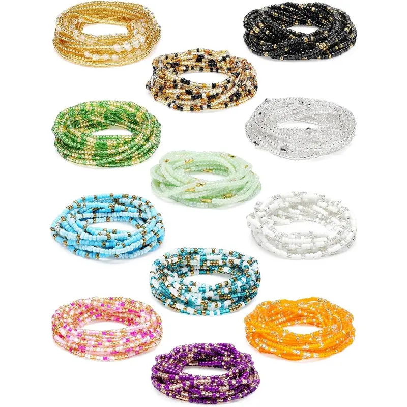 valentines gifts for gf 12 Pieces 50-70 Inch Waist Beads Set Summer Handmade Colorful African Belly Beads Chain Plus Size Body Jewelry Non Stretching Belly Chain Jewelry for Women Colorful Waist Jewelry