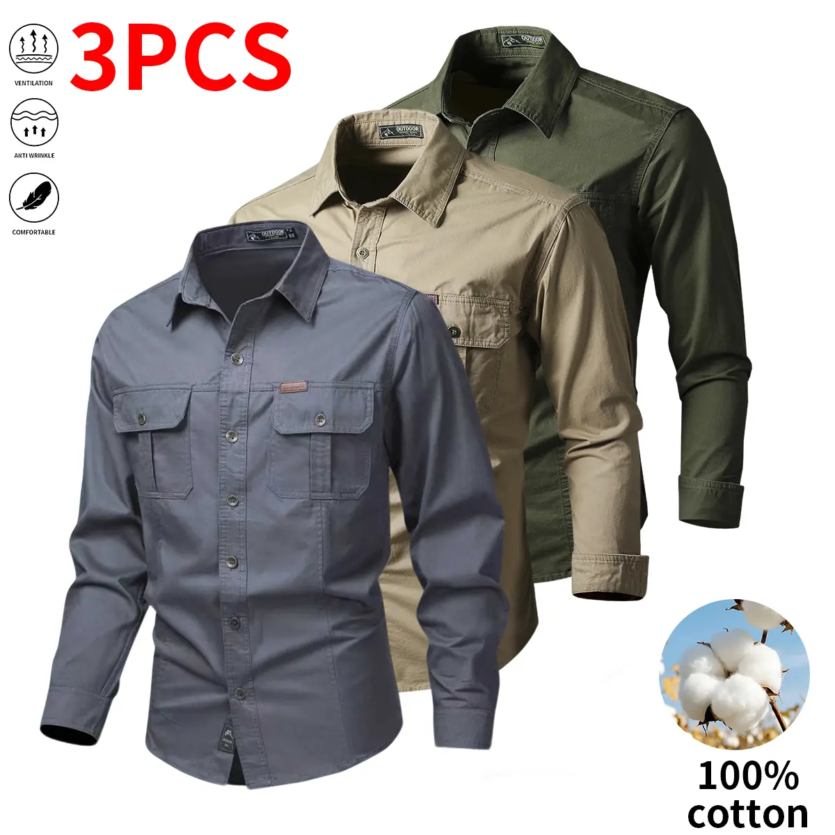 Set of three pure cotton long-sleeve work shirts for men: button-up work/utility tactical shirt for fishing and hunting; casual loose-fit long-sleeve button shirt with two pockets, suitable for outdoor hunting.