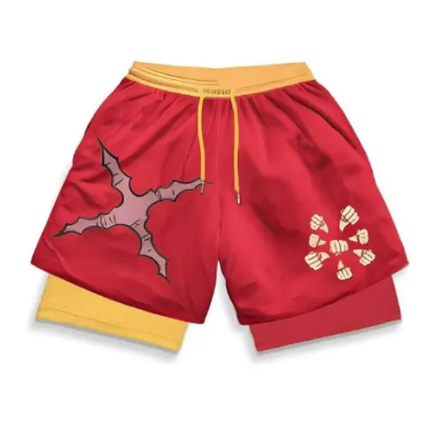 Men's Pirate King Anime-Style Double Layer Polyester Shorts, Machine-Washable Sports Bottoms for Summer Beach, Fitness Training, Comfortable Clothes, Anime Style Men's Shorts
