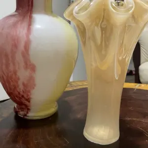 Elegant Vintage Hand-Blown Art Glass Vase with Wavy Ruffle Rim and Amber Frost Finish for Home Decor