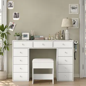 FUSOU Mirrorless Vanity Desk, Makeup Vanity with 11 Drawers and Charging Station, White Vanity with Storage for Bedroom, Home Office Computer Desk for Bedroom, White,SummerVibe