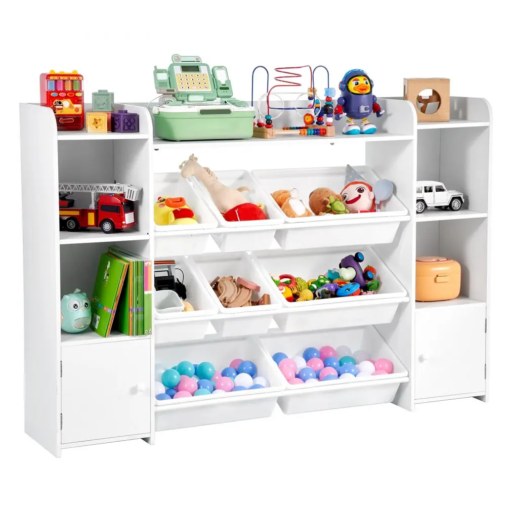 VEVOR Kids Toy Storage and Bookshelf,  , 4-Tier Large Toy Storage Organizer with 8 Flexible Plastic Bins, Kids Cubby Cabinet with Bookshelf for Study Room, Bedroom, Playroom, Classroom, Nursery, White