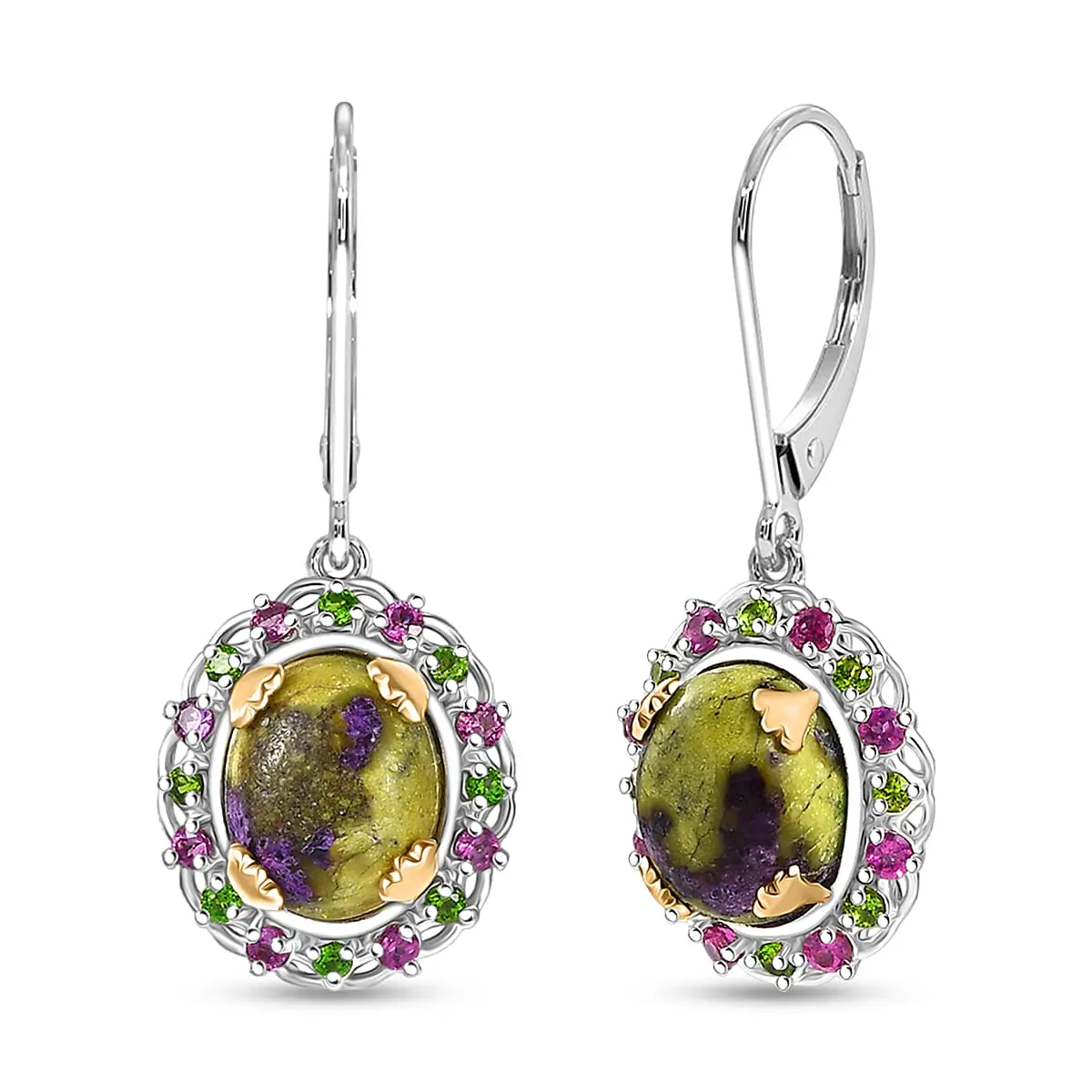 Tasmanian Stichtite and Multi Gemstone 8.90 ctw Garden of the Earth Earrings in 18K YG Plated and Platinum Bond