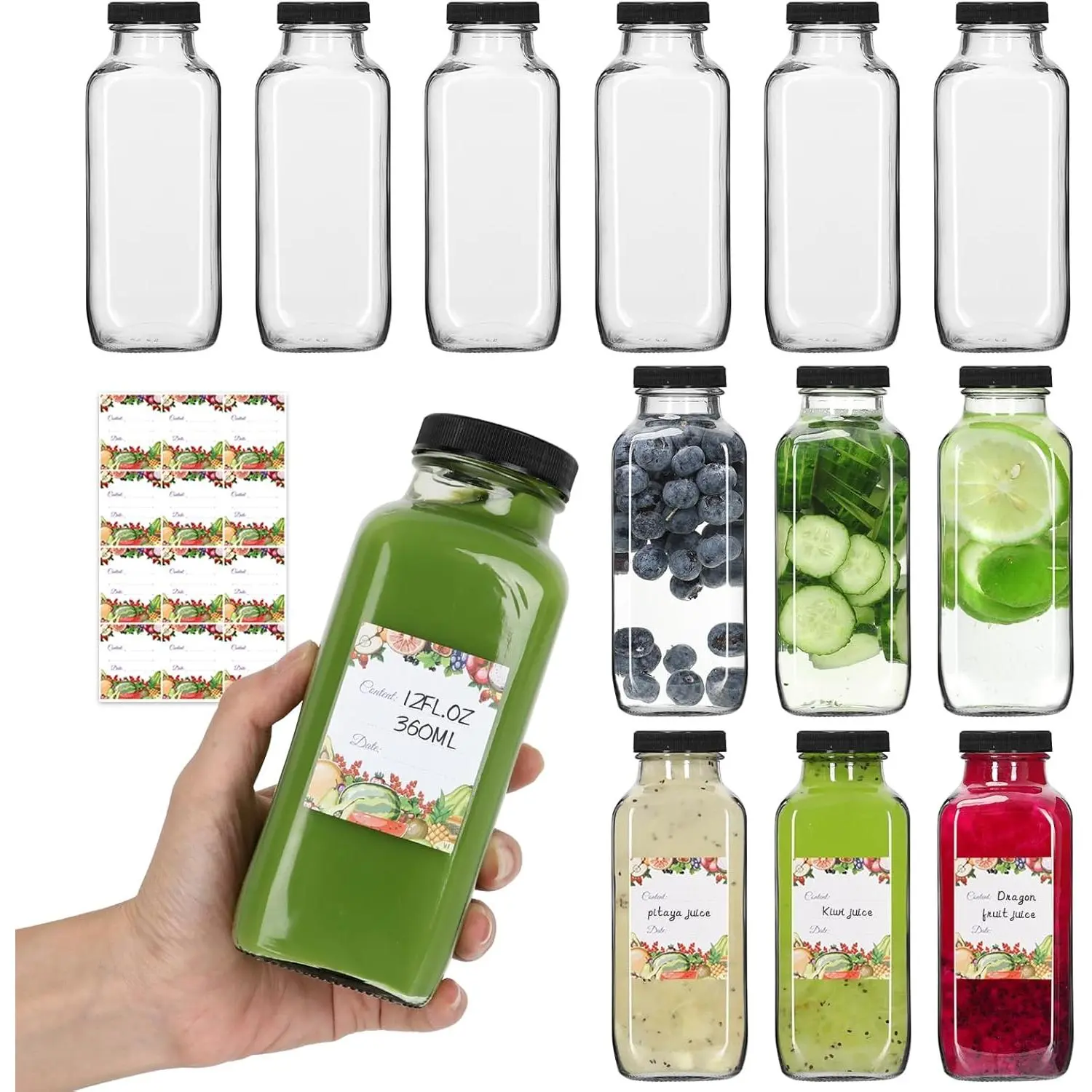 12 oz Glass Bottles with Lids 12Pack, 360ml  Drinking Bottles for Juicing, Water, Kombucha Juices, Milk, Beverages and More (12fl.oz, Set of 12)