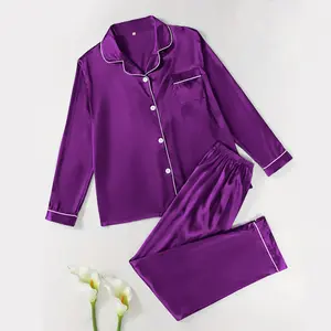 Lightweight Satin Women's Pajama Set with Collared Short-Sleeve Top & Elastic-Waist Long Pants in Purple, Pink, Champagne, Orange & 15 Other Colors