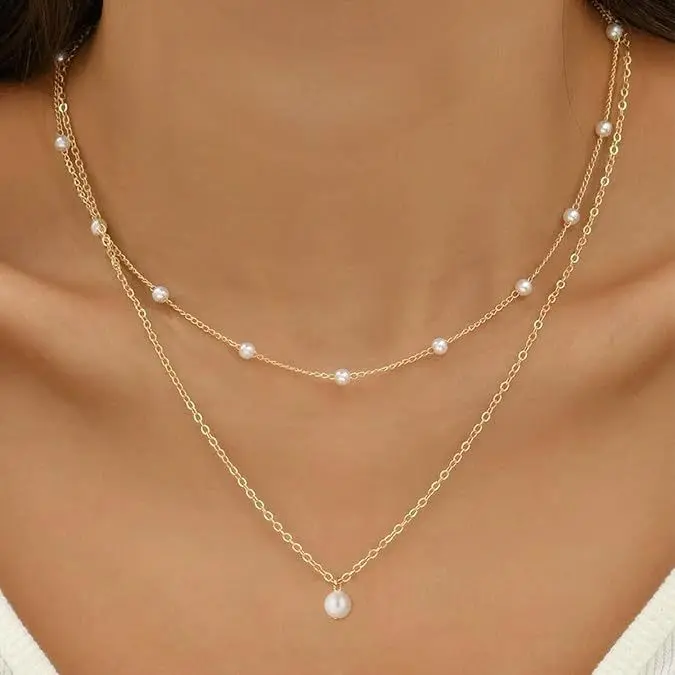 Gold Necklace for Women, Dainty 2-Layer French Style Jewelry with Faux Pearls, 18-Karat Gold-Plated Elegant Fashion Accessories, Fashion Necklace tiktokshopbacktoschool, French Chic