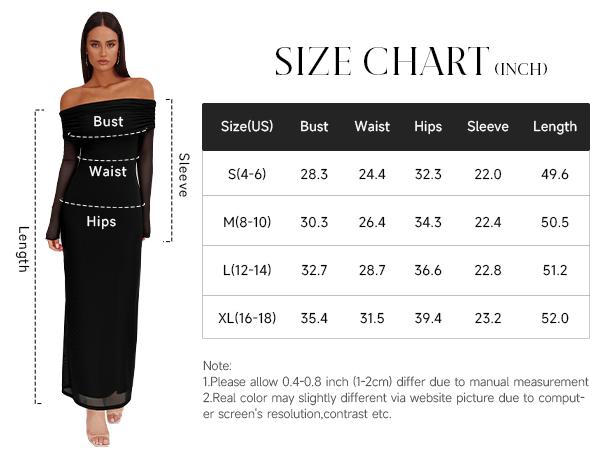 REORIA Women's Off Shoulder Long Sleeve Dress Elegant Sexy Stretch Mesh Double Lined Slim Trendy Long Dresses for Women