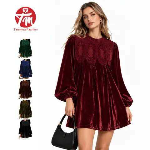 Tanming Womens Velvet Mini Dress - Long Lantern Sleeve Babydoll Dress with Crochet Lace Patchwork Swing Dress - Fall Winter Spring Casual Party Cocktail Holiday Date Night Outfit