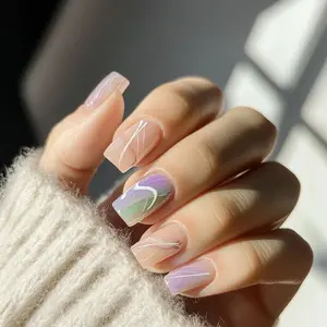 24pcs Wearable Nails, Glossy Marble Pattern, Swirl Accents, Medium Long Square Fake Nails, European Style, Glossy False Nails