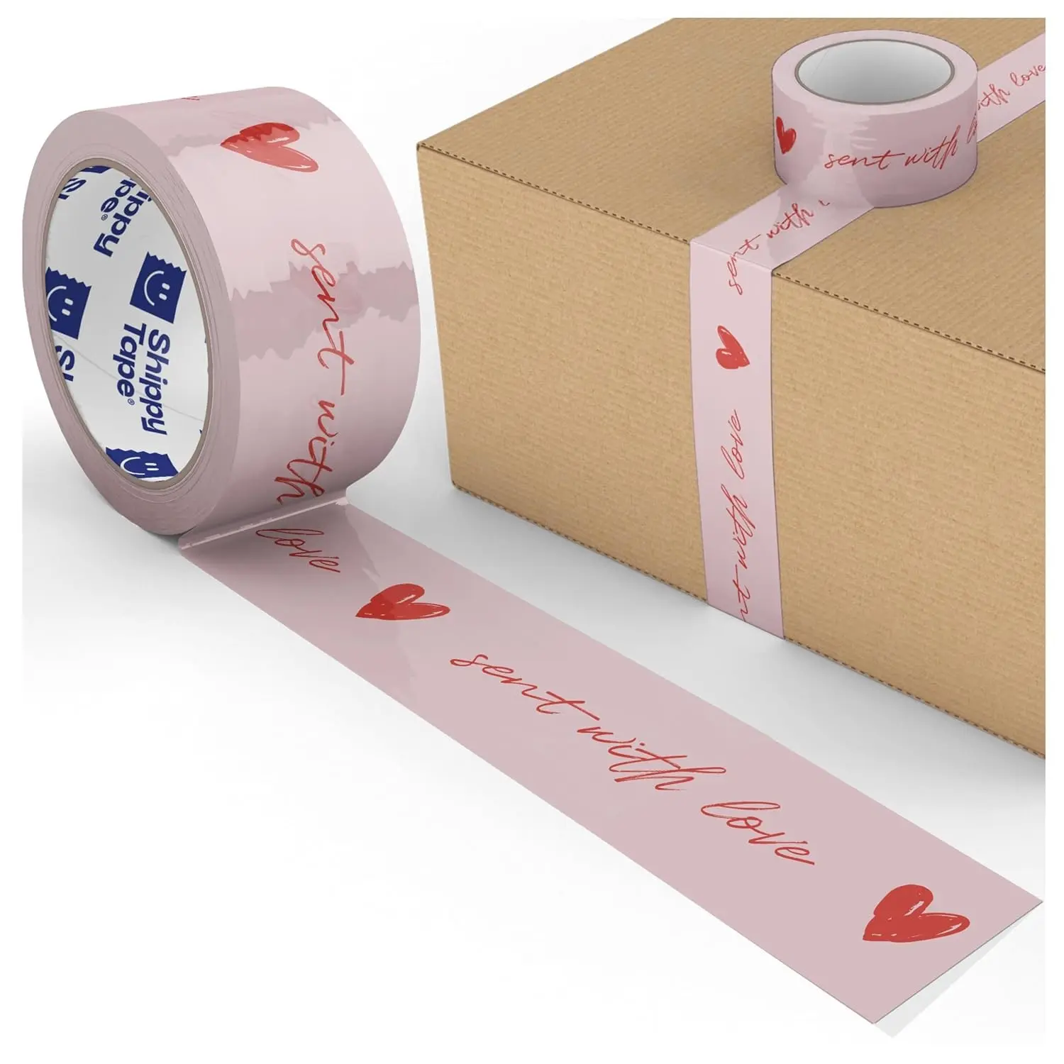 Cute Decorative Packing Tape - Sent with Love Handwritten Script Pink Red Heart, Fun Cute Designer Printed Packaging and Shipping Box Tape, 1.88" x 110 Yards (330 feet)